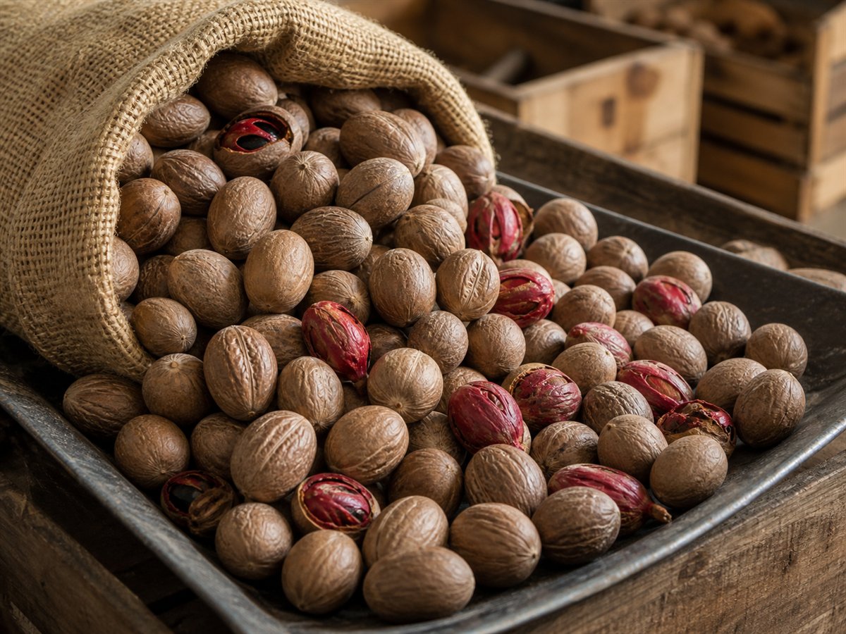 Whole Indonesian nutmeg and mace